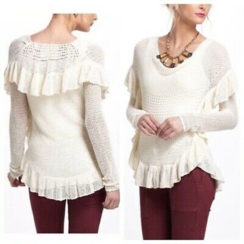 Anthropologie Angel of the North Ruffled Open Knit Sweater sz XS